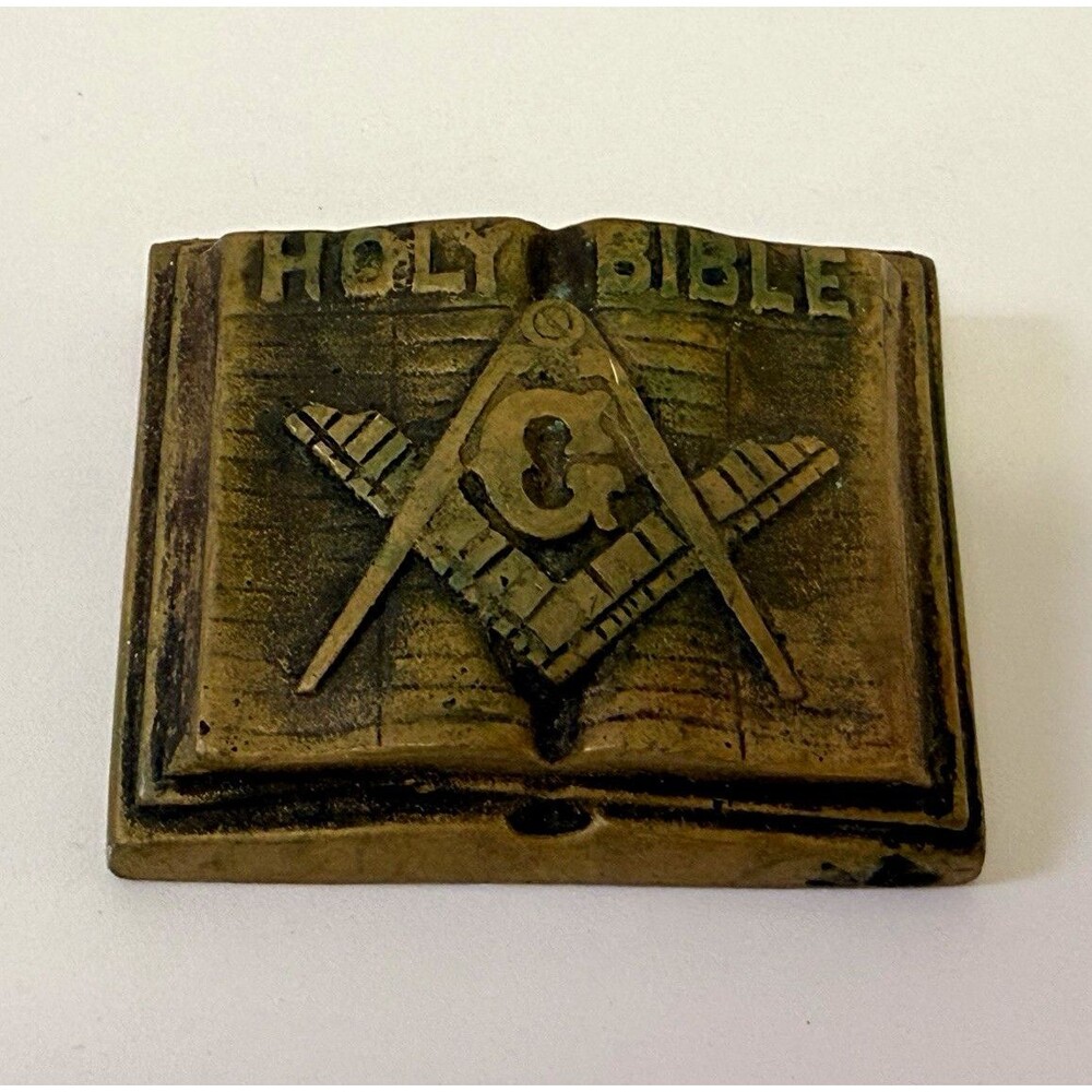 Vintage Masonic Holy Bible Paperweight Freemason Square Compass G Cast Metal